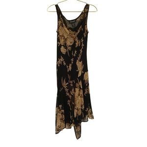 Connected Y2K Floral Chiffon Midi Dress Small Black Yellow Brown Beaded Asym Hem